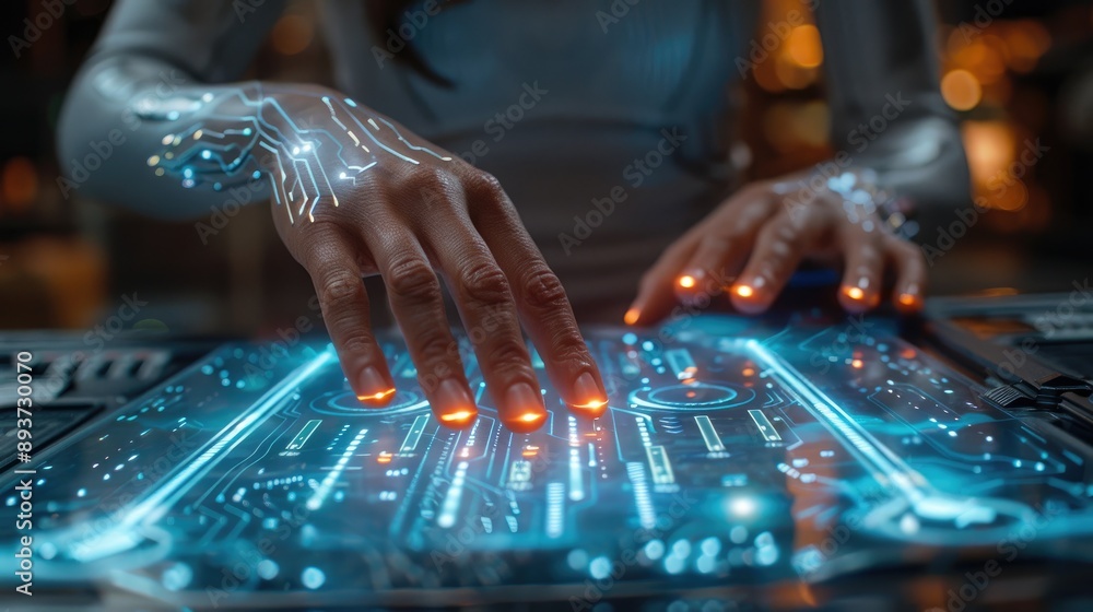 Poster futuristic technology interface with human hands interacting with a digital touchscreen, showcasing 