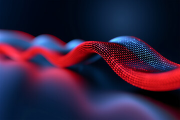 Abstract digital wave with a flowing red and blue dot pattern on a dark background. The wave-like structure creates a sense of motion and futuristic technology.