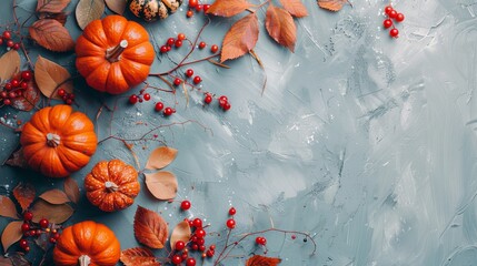 Autumn Pumpkins, Leaves, Berries on Grey Background - Thanksgiving, Fall,  Nature, Season, Food