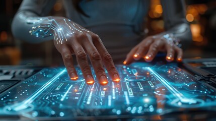 Futuristic technology interface with human hands interacting with a digital touchscreen, showcasing advanced virtual control and innovation.