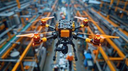 High-tech drone flying inside a modern industrial warehouse showcasing advanced technology in aerial logistics and inventory management.