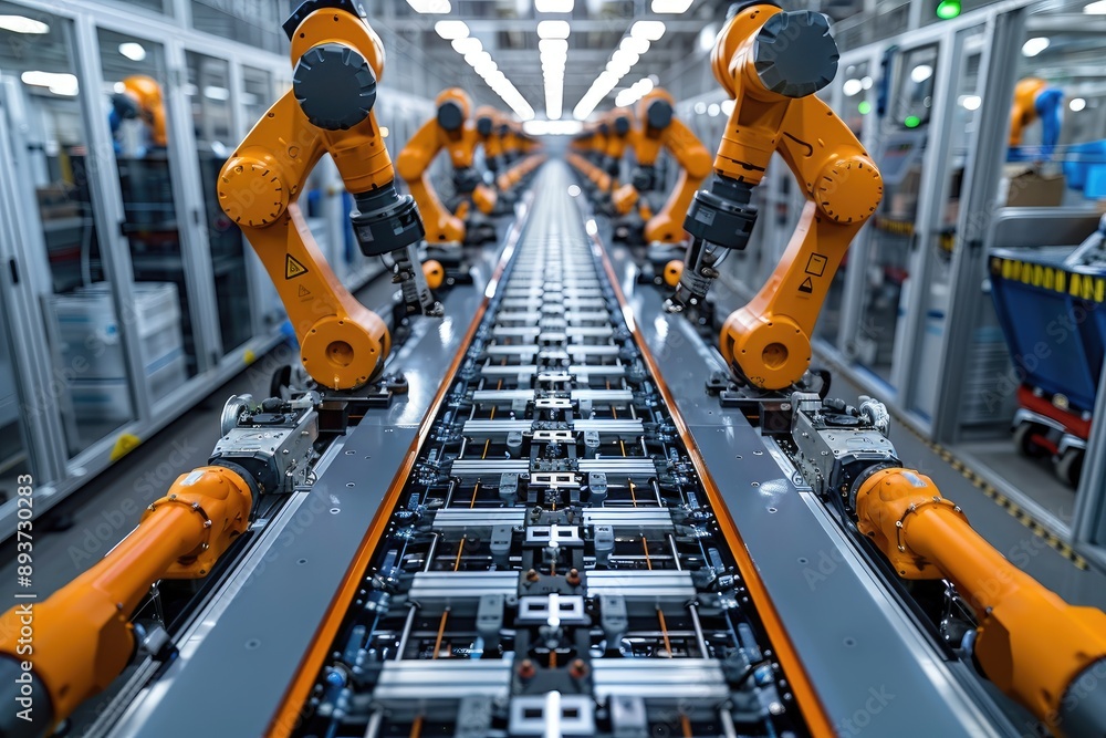 Poster industrial robots working on an automated production line in a modern factory, showcasing advanced m
