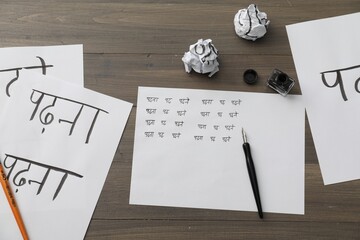 Calligraphy. Papers with words Reading and Read in Hindi, inkwell, fountain pen and brush on wooden...