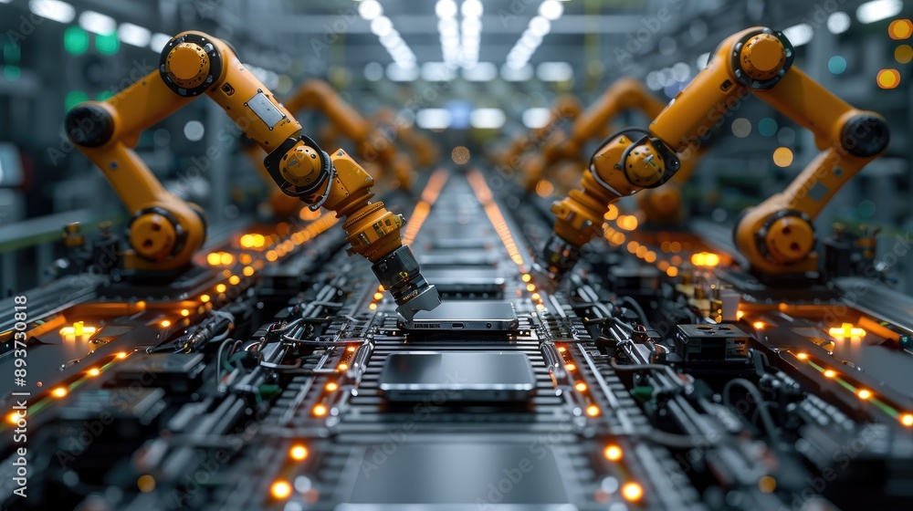 Poster robotic arms working on a modern automated production line in a high-tech industrial manufacturing f