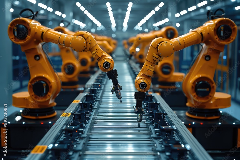 Poster robotic arms working on an assembly line in a modern factory, showcasing advanced automation technol