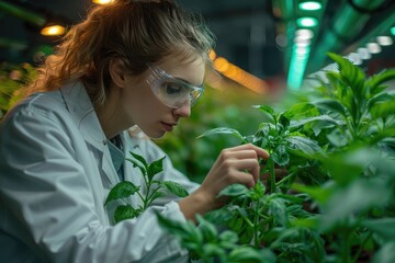 Obraz premium Scientist analyzing plant growth in a greenhouse. Research and development in agricultural science. Sustainable farming innovation.