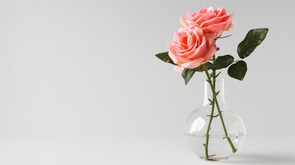 Obraz premium Pink rose in vase on white background