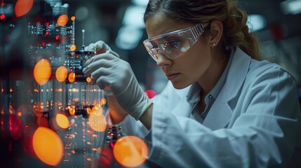 Scientist conducting research in a state-of-the-art laboratory, focusing on advanced experiments with laboratory equipment and chemical reactions.