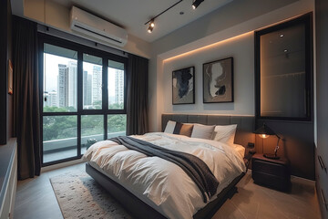 Minimalist bedroom design focusing on white decor and black accents. Clean lines and simple furniture to enhance the minimalist look. Pictures and accessories are framed in black for contrast.