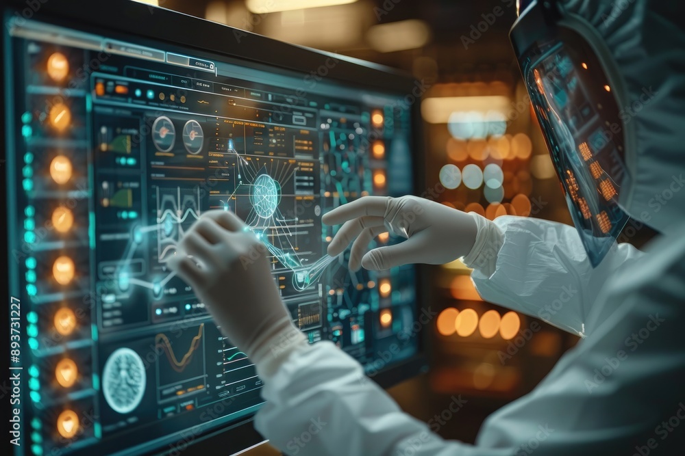 Poster scientist in protective gear examining data on futuristic touch screen interface in a high-tech labo