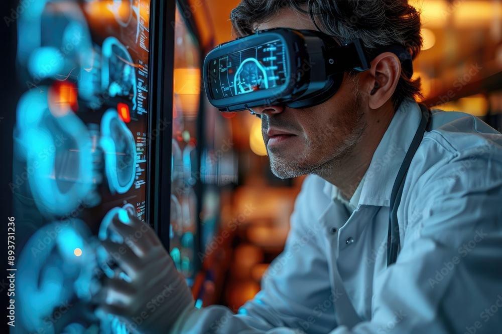 Poster scientist uses virtual reality headset to analyze data on multiple screens, showcasing futuristic te