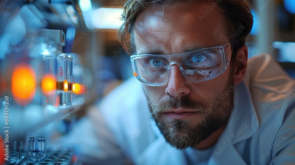 Poster scientist in lab coat and safety goggles closely observing experiment in high-tech laboratory with f