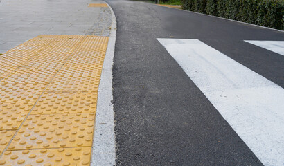 Paved Pedestrian Crossing, Grey White Crosswalk, Safety Zebra on Modern Tiles Pathway