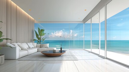 Coastal Living Room with Ocean View, 3D Render, Modern Interior Design, Minimalist Decor, Ocean View, Beach House, Coastal Style