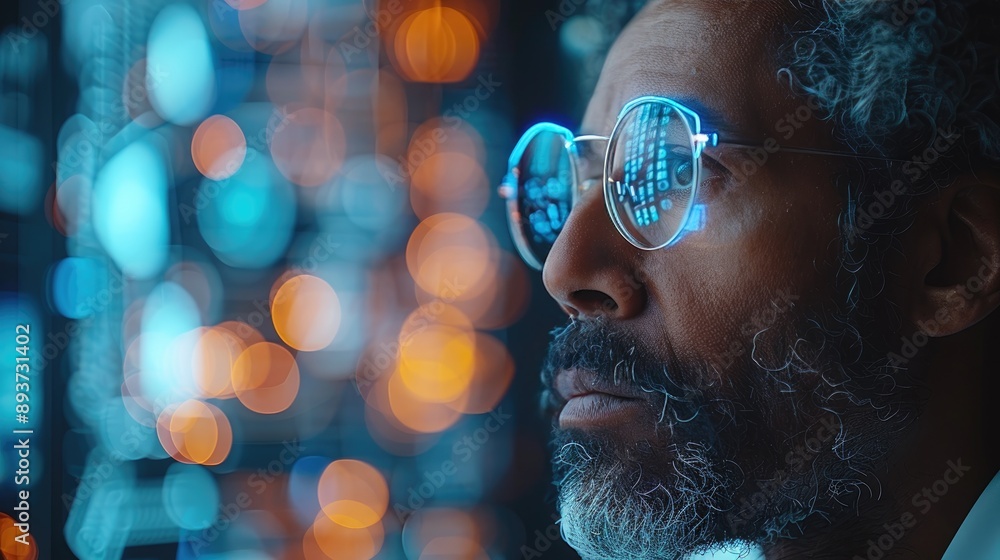 Poster side profile of a man in glasses with digital reflections, focused on a futuristic technology screen