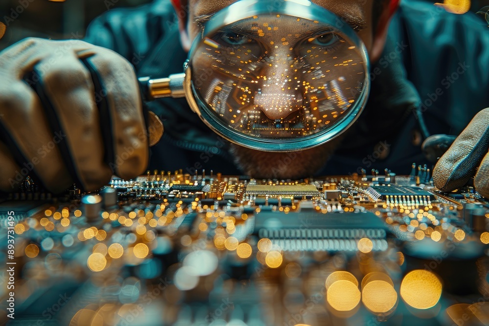 Poster technician examining a circuit board with a magnifying glass, focusing on intricate electronic compo