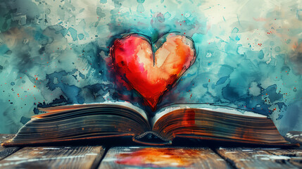 An open book with heart-shaped pages, in the style of watercolor painting, on a wooden table, with an abstract background, Generative AI