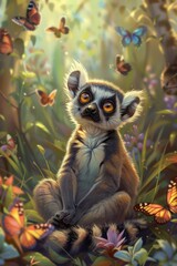 Fototapeta premium Curious Lemur Amidst a Floral Paradise