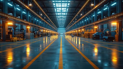 Fototapeta premium Spacious, modern industrial warehouse with symmetrical lighting and reflective floors. High ceilings and organized workspace create an efficient environment.