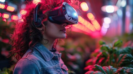 Woman wearing VR headset in indoor farm with neon lights, exploring futuristic agriculture technology. Focus on innovation and science.