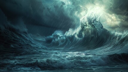 Naklejka premium Dramatic Ocean Storm - Digital Painting of Waves Crashing Under Dark Clouds