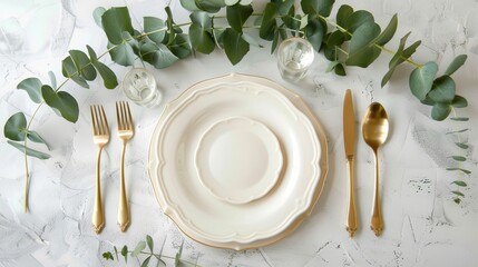 Elegant White Plate with Gold Accents and Eucalyptus Greenery,  table setting, dinnerware,  eucalyptus, gold  ,  white ,  plate ,  greenery