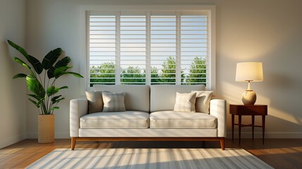 Fototapeta premium A clean and fresh living room with new furnishings, large windows, realistic lighting, highdetail, depicting a modern and welcoming space