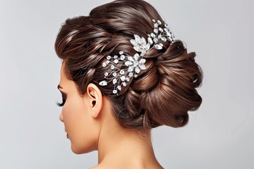 Elegant, braided updo with delicate accessories, set against a clean background providing plenty of copyspace, highlighting the sophistication and detail of the hairstyle,