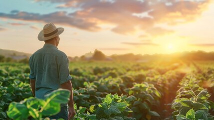 Fototapeta premium Farmer in Hat Stands in Field at Sunset, farmer, agriculture, sunset, field