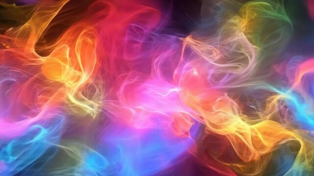 Bright multicolored swirls of smoke create a vibrant display against a black background. The smoke forms intricate patterns, blending seamlessly from one color to another, adding a dynamic and