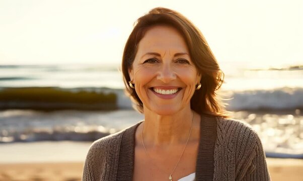 Medium shot portrait video of a pleased woman in her 40s wearing a chic cardigan against a beach background