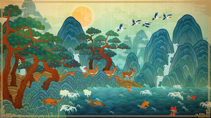 Oriental painting, 10 longevity symbols, Korean traditional folk painting illustrations Sea, mountains, water, stones, clouds, pine trees, herb of elixir, turtle, crane, deer 동양화, 십장생도, 한국 전통 민화 일러스트 