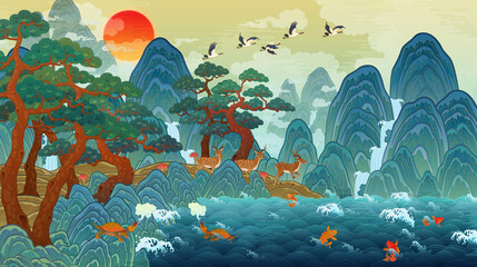 Oriental painting, 10 longevity symbols, Korean traditional folk painting illustrations Sea, mountains, water, stones, clouds, pine trees, herb of elixir, turtle, crane, deer 동양화, 십장생도, 한국 전통 민화 일러스트 