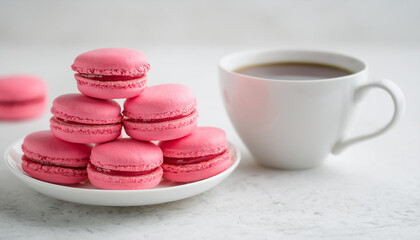 Obraz premium Pink raspberry macaron tower, mug of coffee. Tasty dessert on cement table. Delicious breakfast