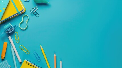 School supplies with blue background top view copy space