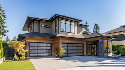 Fototapeta premium Modern Two-Story Home with Glass Garage Doors, Landscaped Yard, and Stone Accent Wall, modern home , exterior design , luxury living , landscaping