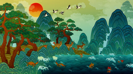 Oriental painting, 10 longevity symbols, Korean traditional folk painting illustrations Sea, mountains, water, stones, clouds, pine trees, herb of elixir, turtle, crane, deer 동양화, 십장생도, 한국 전통 민화 일러스트 