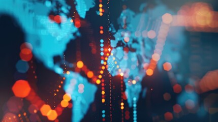 Global performance increase analyzed for strategic financial planning, illustrating international economic growth, copy space, global development, vibrant, overlay, world map