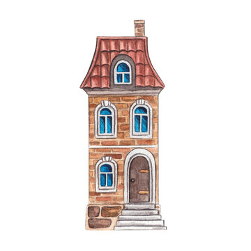 recommend clip art: Brick European house. Watercolor hand drawn illustration of cute cottage. Clipart on a white background on the theme of city, street, architecture.