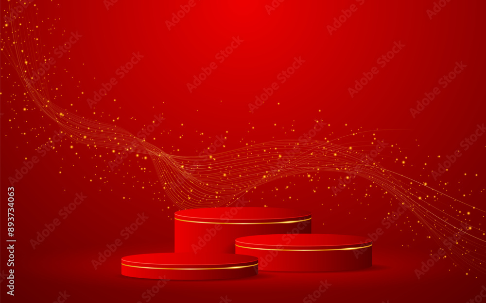 Poster red podium with elegant gold wave lines on the back for advertisement display. display of cosmetic p