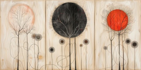 Contemporary Triptych: Minimalist Tree Silhouettes with Striking Circular Forms
