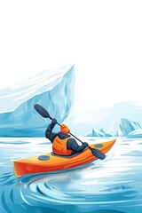 Exploring Icy Waters: Kayaker in Orange Gear Amidst Towering Blue Icebergs