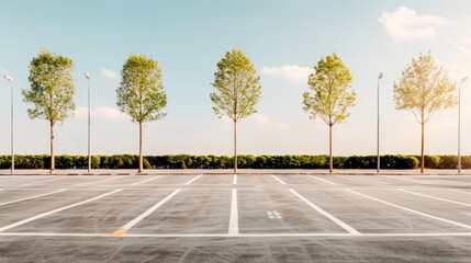 Wide Open Parking Lot with Green Trees and Lamp Posts Under a Clear Bright Sky