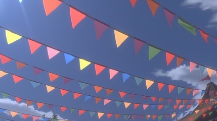 Festive Atmosphere with Colorful Pennant Flags Hanging in the Clear Daytime Sky