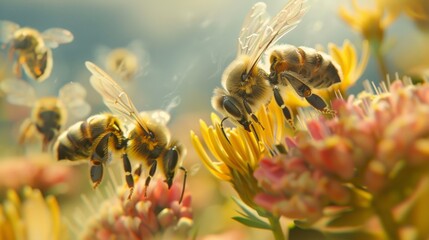 Fototapeta premium Bees pollinate beautiful flowers in a vibrant field, contributing to a thriving ecosystem full of life
