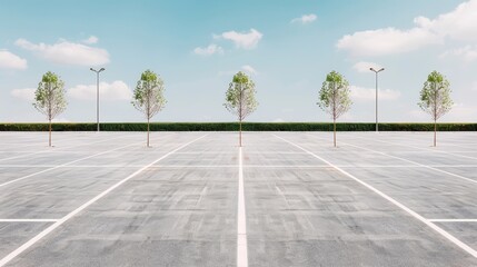 Wide Open Parking Lot with Newly Planted Trees Under a Clear Blue Sky