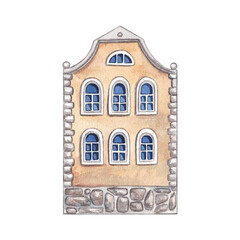 Yellow European house. Watercolor hand drawn illustration of cute cottage. Clipart on a white background on the theme of city, street, architecture.