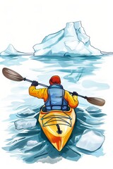 Exploring the Arctic: Kayaker in Yellow Gear Navigating Through Iceberg Waters