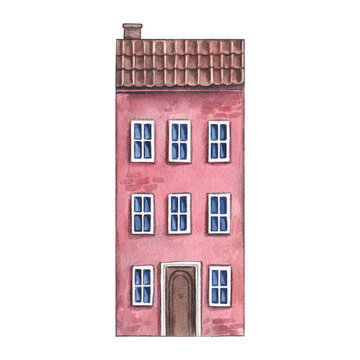 recommend clip art: Pink European house. Watercolor hand drawn illustration of cute cottage. Clipart on a white background on the theme of city, street, architecture.