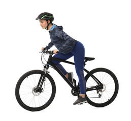 Naklejka premium Beautiful young woman in helmet riding bicycle on white background